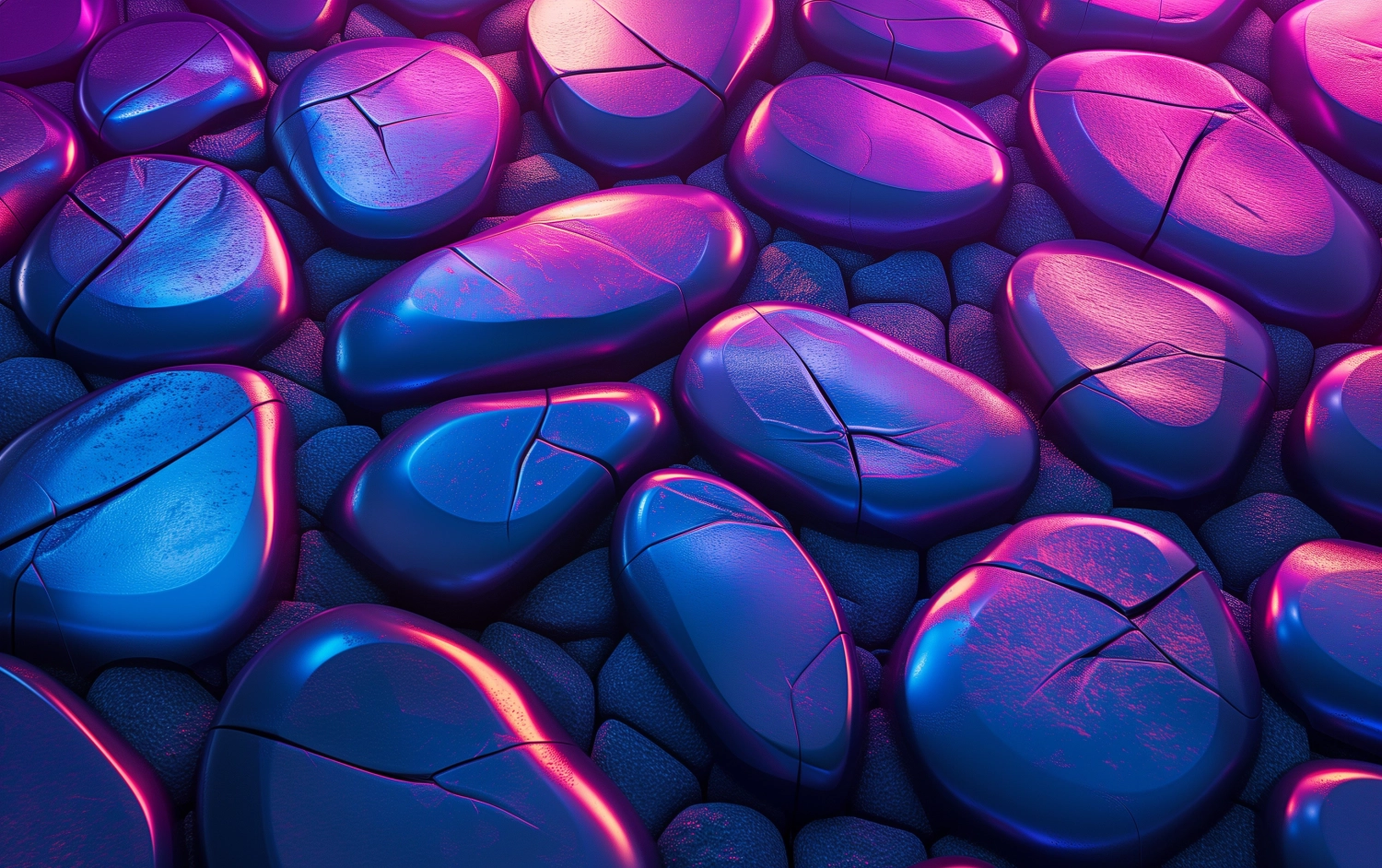 3D tile wallpaper of black rocks, in the style of rounded shapes, digitally enhanced, luminous spheres, shaped canvas, flattened perspective, organic and flowing forms, intense lighting and shadow, purple and blue,