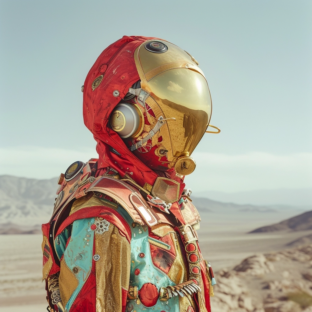 a robot in a futuristic vibe, in the style of desertpunk, red and gold, phoenician art, historical reproductions, robotic motifs, leica cl, whimsical wilderness