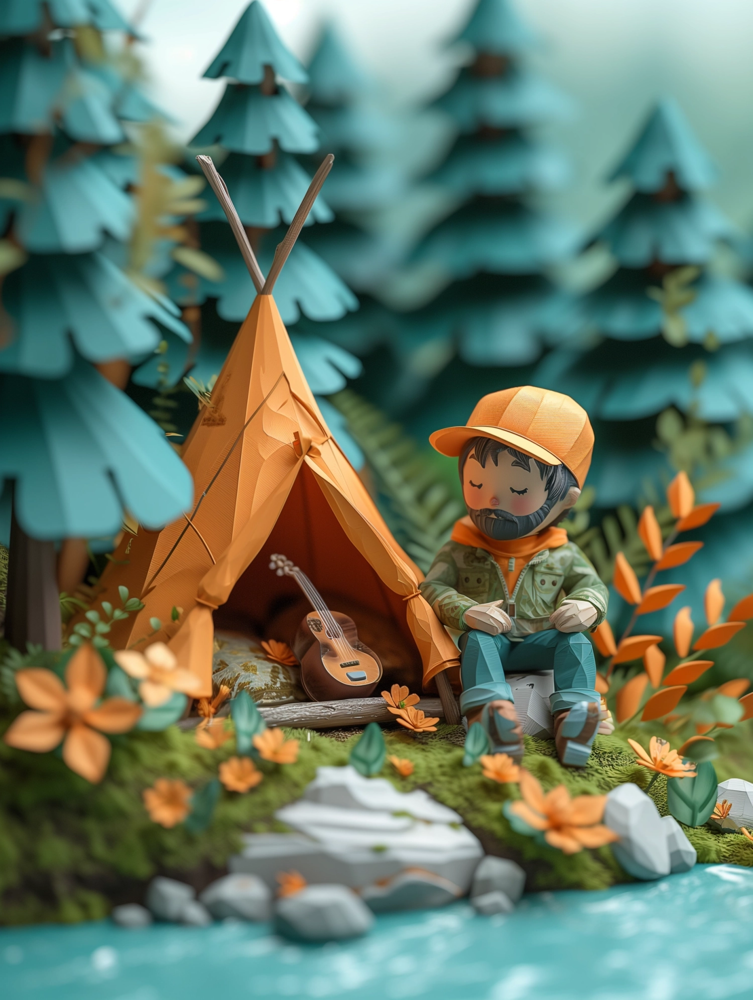 a isometric 3d model of a man sat in the entrance of a camping tent::2  sitting in a mini world, popout effect in 3d::1