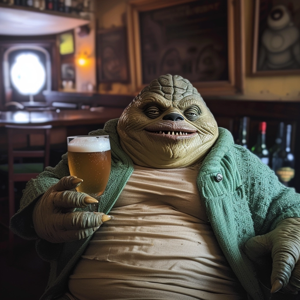 selfie of smiling jabba the hutt in a pub with a beer wearing a green cardigan