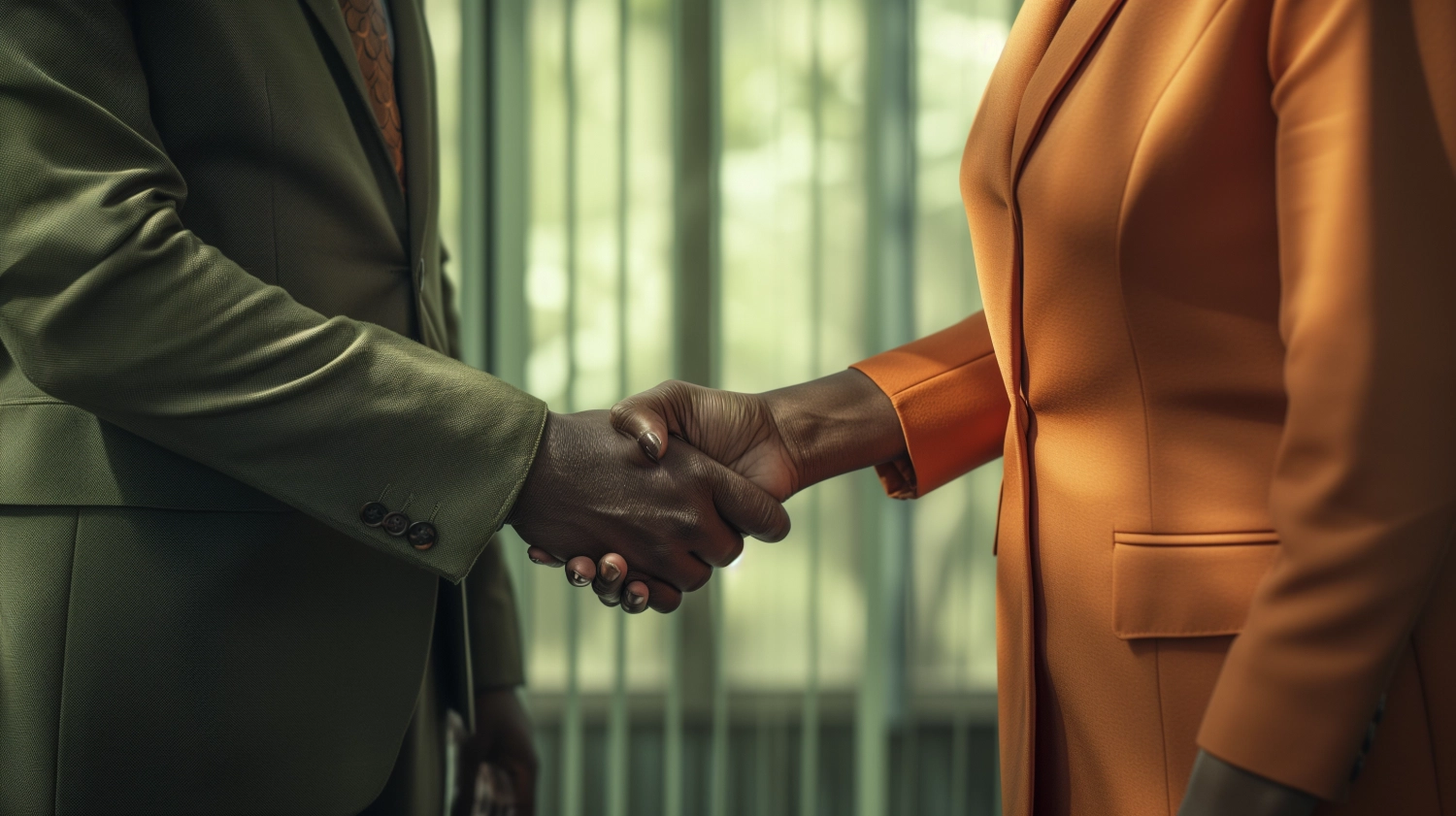 Ultra realistic portrait of a Nigerian business woman in her 30s shaking hands with a Pakistani business man in his 40s, wearing clothes made from monochromatic materials, muted green color, muted orange color, black color, set in a minimal modern office, close crop on the hands, shallow depth of field, sharp focus