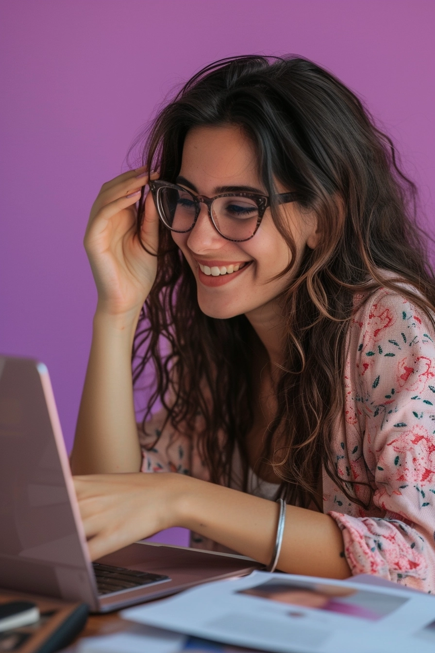 happy 30 years girl, joy, open eyes, natural face features, they're natural beauty, she's dynamic posing and smiling, she's sitting at her desk looking at her laptop, 5 fingers on her hand, book on her table, she's wearing glasses, detailed skin with skin pores and skin texture, defined skin texture, purple background, Dynamic сomposition, gorgeous ethereal evocative portrait photo, Kodak, high details, wide eyes right at the laptop, unique pose, Aerial acrobatics, stunning surreal Tim Walker and david lachapelle photo shoot, clear facial features, clean sharp focus,