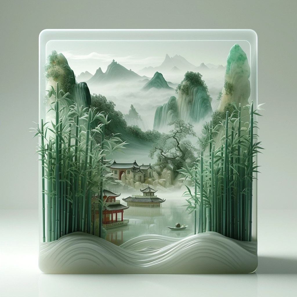 Denser bamboo forests front view,made of resin A Chinese landscape painting in a square glass container, with the nephrite Qinling Mountains in the background, several Tang Dynasty buildings in the near ，distant slopes also have some buidings on it , and a lush bamboo forest in the near part of the picture. The crystal clear jade mountain,There is a very small dugout boat floating on the lake. exquisite landscape painting, delicate landscape painting, realistic,soft tones, light white and verdant, smooth wavy line texture, dreamy landscape, translucent colors, and a very beautiful landscape. dreamy landscape, translucent colors, 8K, HD, high detail, Unrealengine, C4D Renderer, elaborate, octave rendering, Unreal Engine , Maxon Cinema 4D, Ultra HD graphics, realistic details