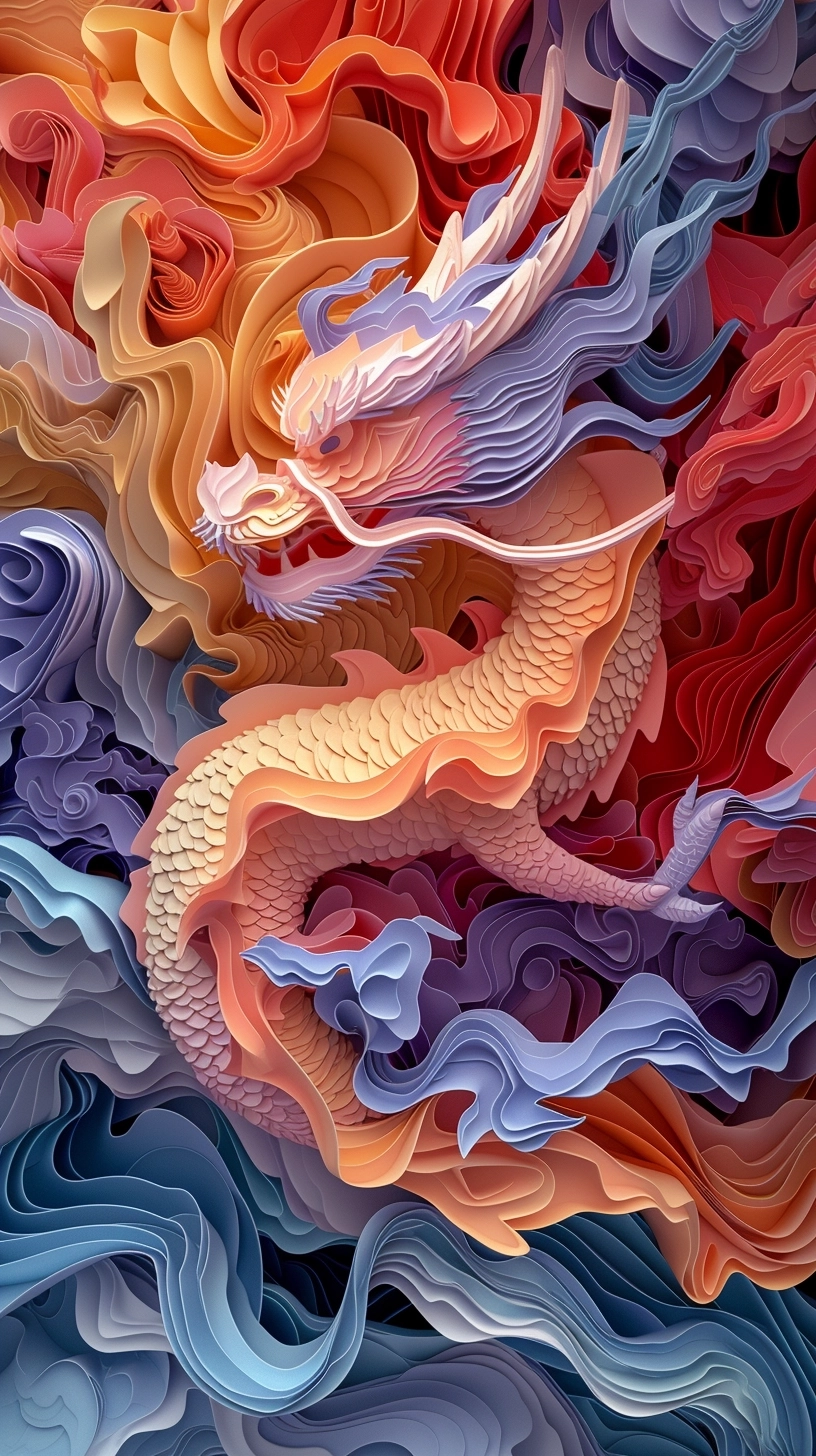 3d papercuts Chinese New Year Year of the Dragon, in the style of surrealistic cartoons, detailed shading, realistic landscapes with soft, tonal colors, swirling vortexes traditional, vibrant
