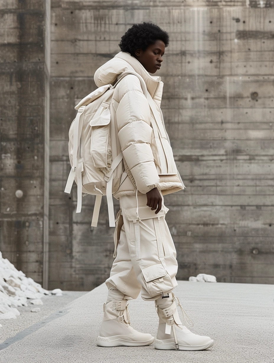 side view, fun in biomorphic puffer Louis Vuitton school uniform, oversize minimal futuristic puffy, suspenders, school uniform, futuristic outerwear, Tokyo summer, editorial, Style By Adidas. analog photography