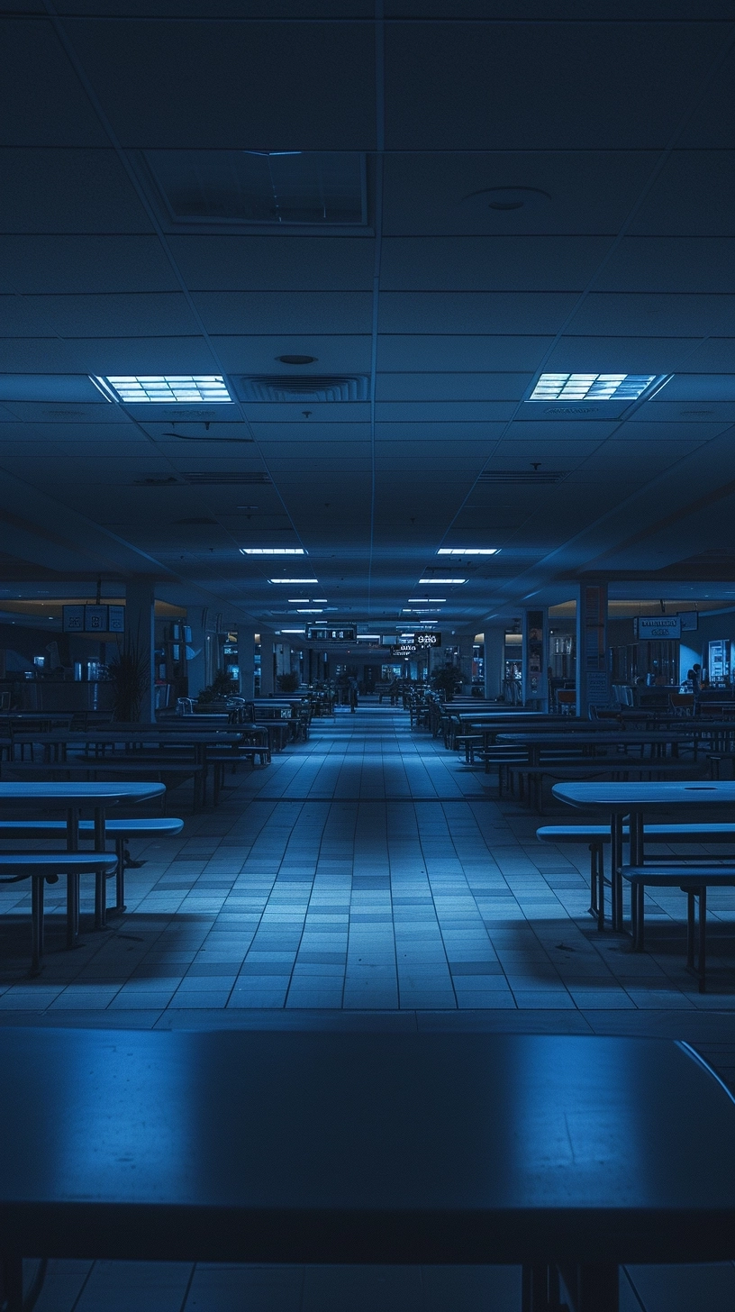empty mall food court, in the style of Todd Hido, dark blue Night, grainy film, realistic usage of light and color, nightscapes, cinematic lighting,
