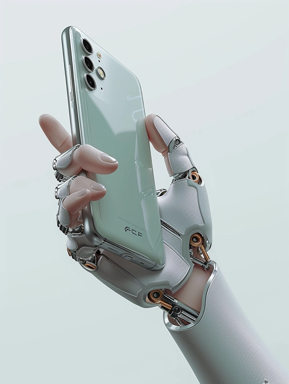 Futuristic tech sense, Unreal Engine, minimalism, silver-grey background, verisimilitude, hyperfine detail, a man's hand with mechanical gloves holding a silver iphone, smooth curves, no plants, virtual art, hyperfine detail,
