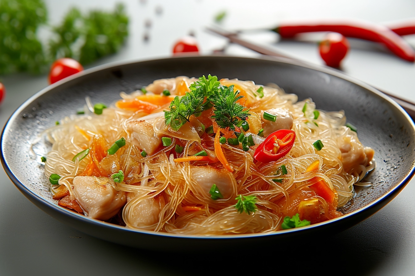 a stir-fried glass noodle with chicken in dark gray bowl, in style of chicken chowmein. Isolated white background, 16k resolution, super detailed, illuminated