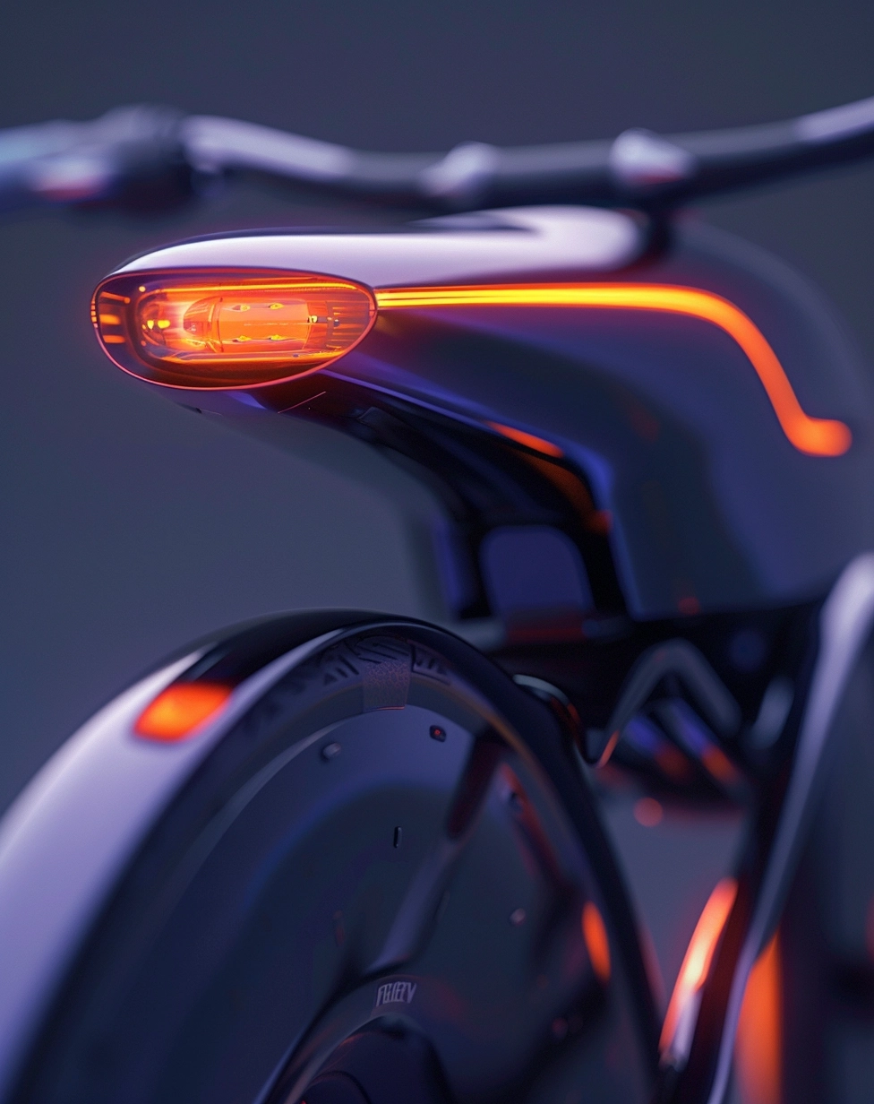a futuristic cropped back end of a minimal bicycle is shown sitting against a dark background, in the style of light violet and dark gray, realistic hyper-detail, jean nouvel, erik jones, george tooker, back button focus, detailed skies
