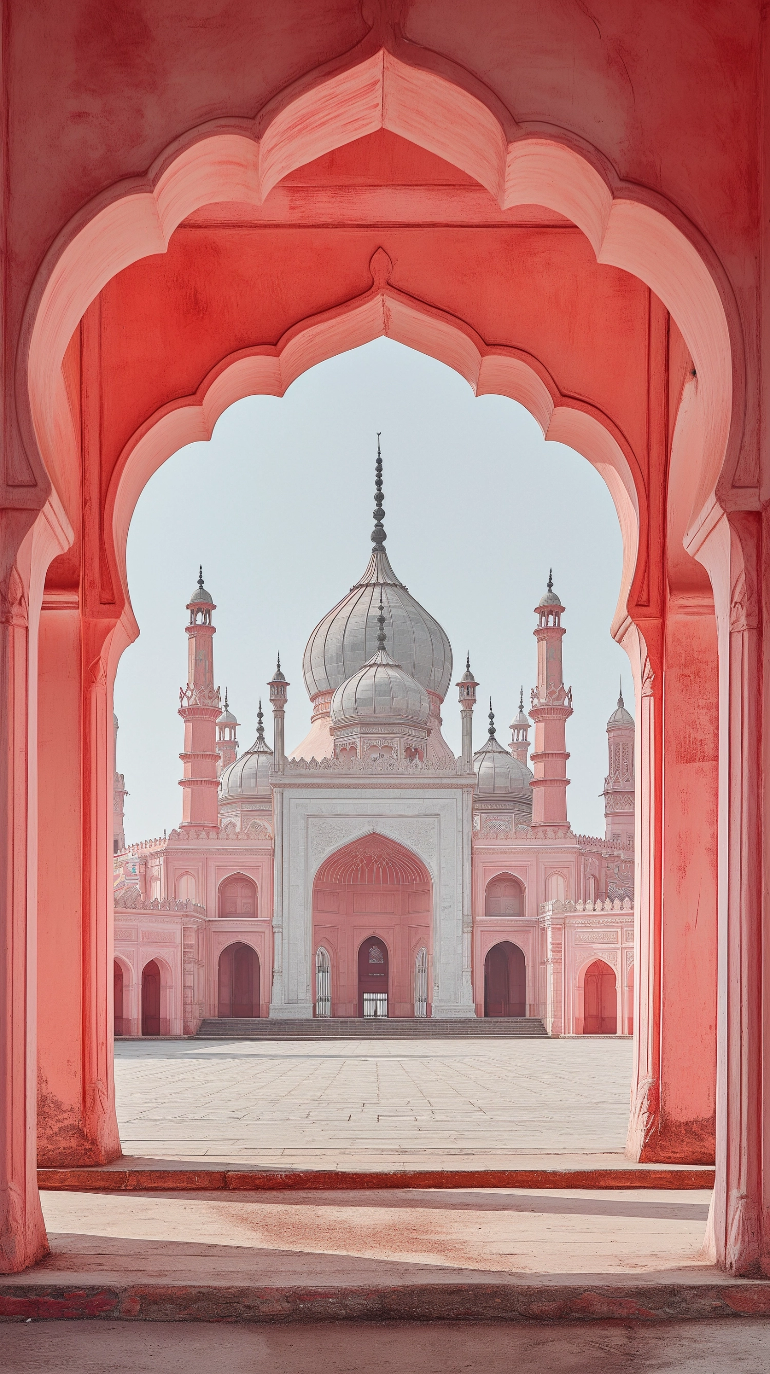 sunrise over the nawab khan mosque in kolkata, pakistan, in the style of terracotta, minimalist images, sigma 85mm f/1.4 dg hsm art, traditional oil painting, white and pink, shaped canvas, decorative backgrounds