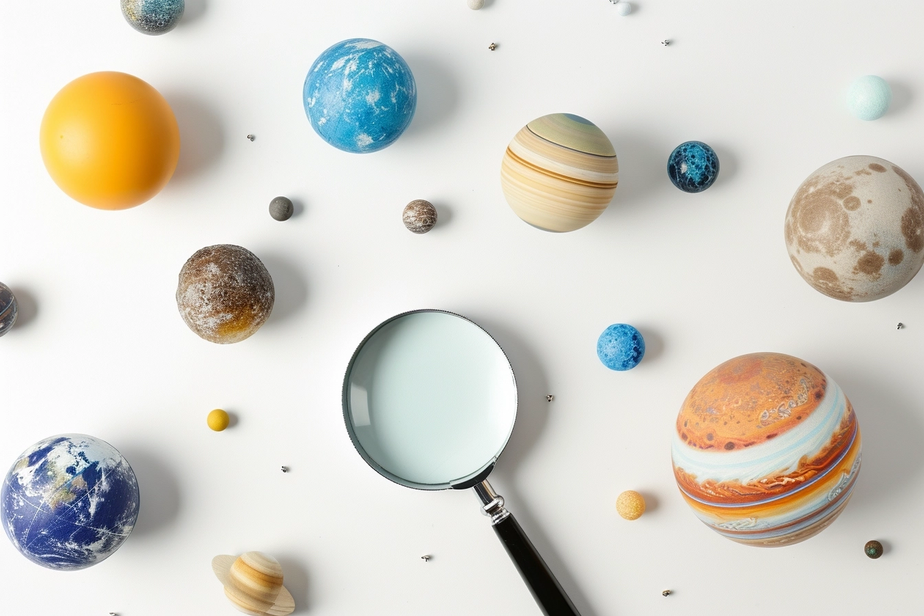 magnifying glass in front of planets in space on white background