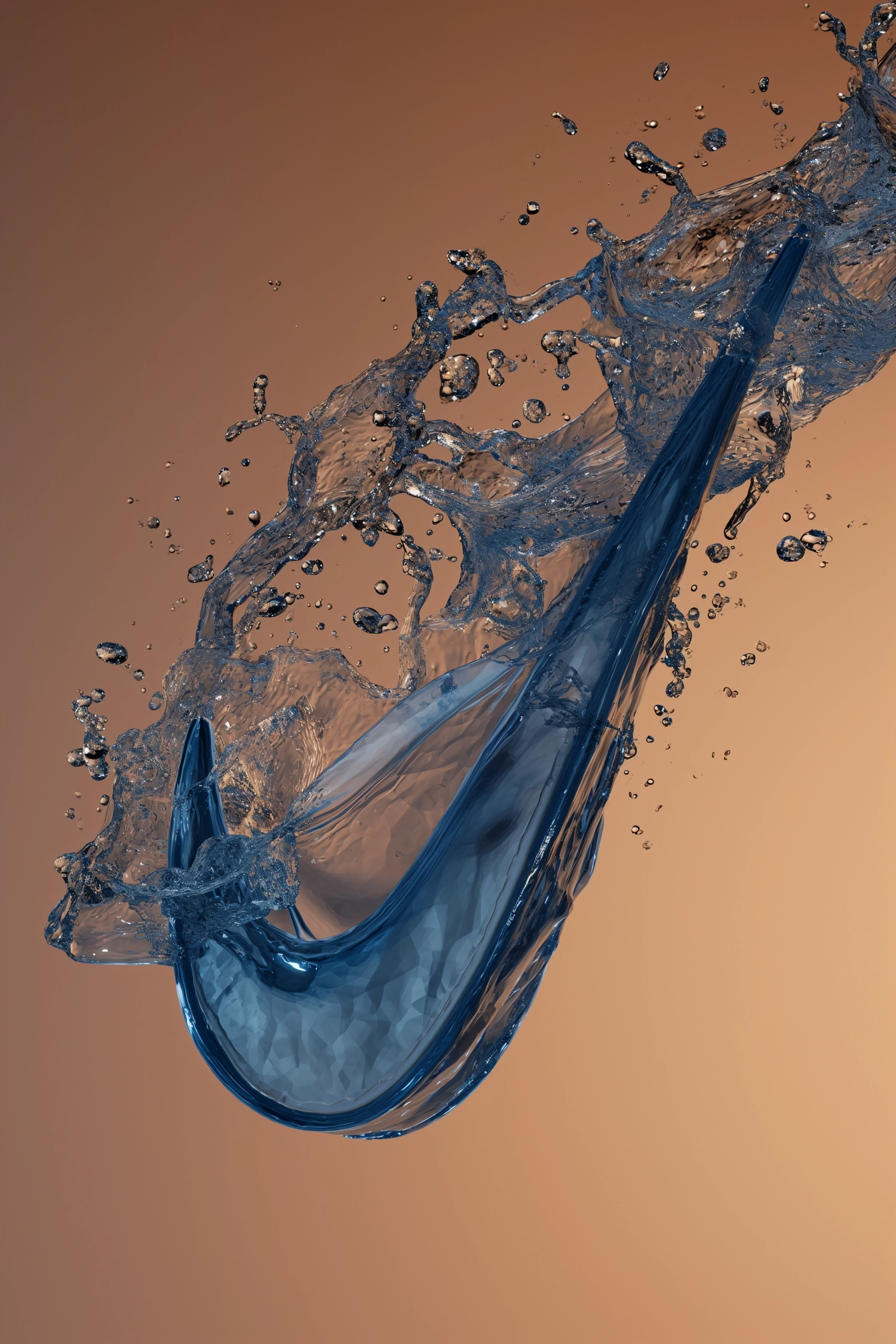 A digital art rendering of a navy blue Nike logo transforming into liquid, the solid part with a textured surface resembling leather, transitioning into a clear, water-like substance with suspended particles. On a gradient brown background that transitions from light at the top to dark at the bottom. Soft, ambient lighting with gentle shadows highlighting the liquefaction effect. Created Using: high-definition digital tools, liquid simulation effects, particle rendering, gradient background design, ambient lighting setup, subtle shadow technique, dynamic fluidity, clear texture detailing