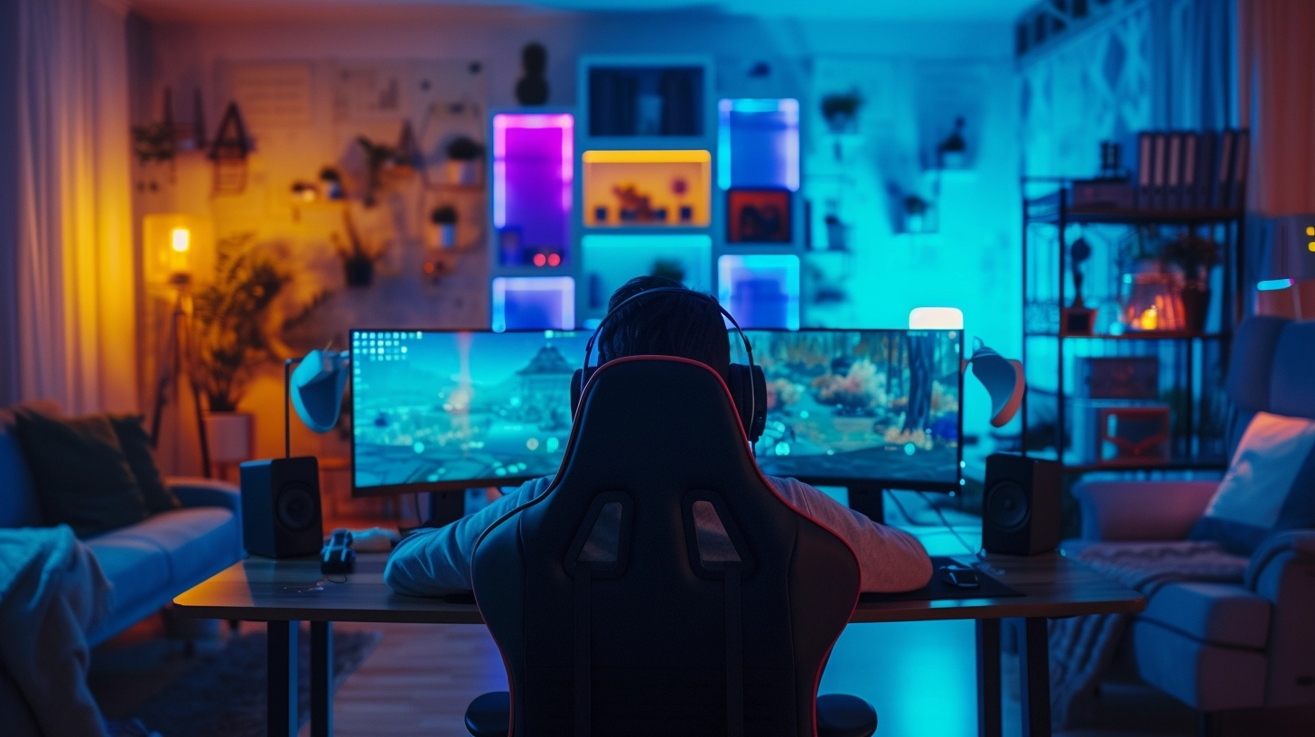 In a brightly lit modern space, a person from behind adjusts a gaming chair in front of a desk with screens and gaming accessories, highlighting the ideal posture for playing. 8k,