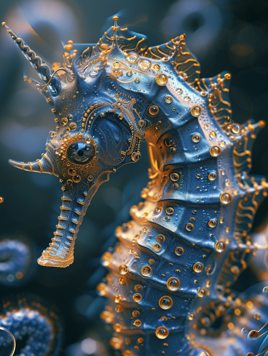 radiant metallic blue and gold, extreme closeup of tiny macro photo realistic image of a tiny robotic seahorse, microscopic sealife background, extremely highly detailed image, ultra high definition, 8k resolution, trending beautiful image Epic cinematic brilliant stunning intricate meticulously detailed dramatic atmospheric maximalist digital matte painting