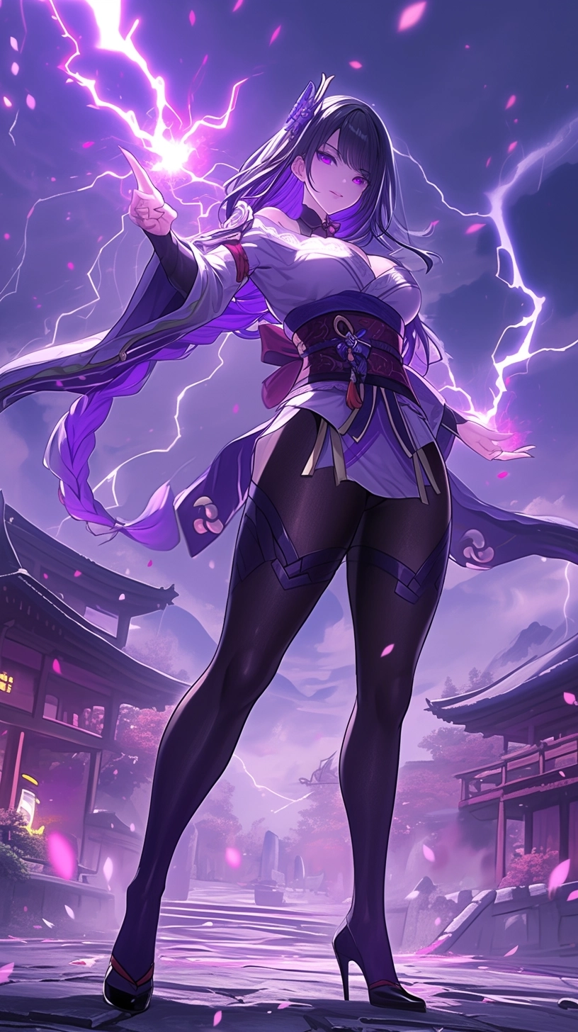 full body long legs in high heels mature Raiden Shogun casting a lightning spell with glowing purple eyes black hair in ponytail wearing spandex and a purple blouse pantyhose, tone stomach, wide hips, pointing index finger, smirking expression, dynamic special effects, long shot, lightning everywhere, outside pagoda, realistic, detailed face, dynamic light.