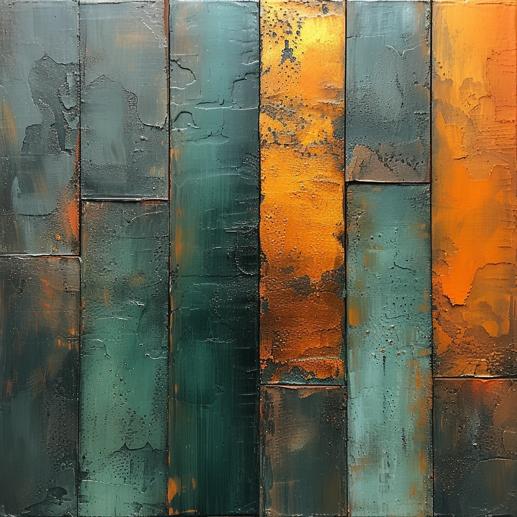 Beautiful ancient wood in '800, premium, abstract creative style, dark turquoise and dark amber, impressionistic surface, mbole art, oil painting on copper, aboriginal art, vibrant a feeling of
