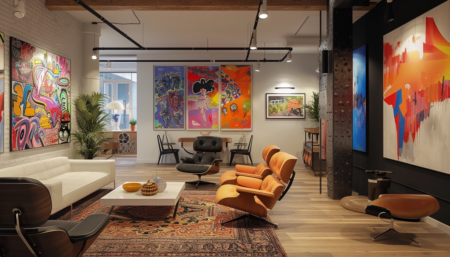a fancy startup office entry area in a loft building, italian designer furniture, Charles & Ray Eames, modern art, grafitti art, bright colours, photorealistic