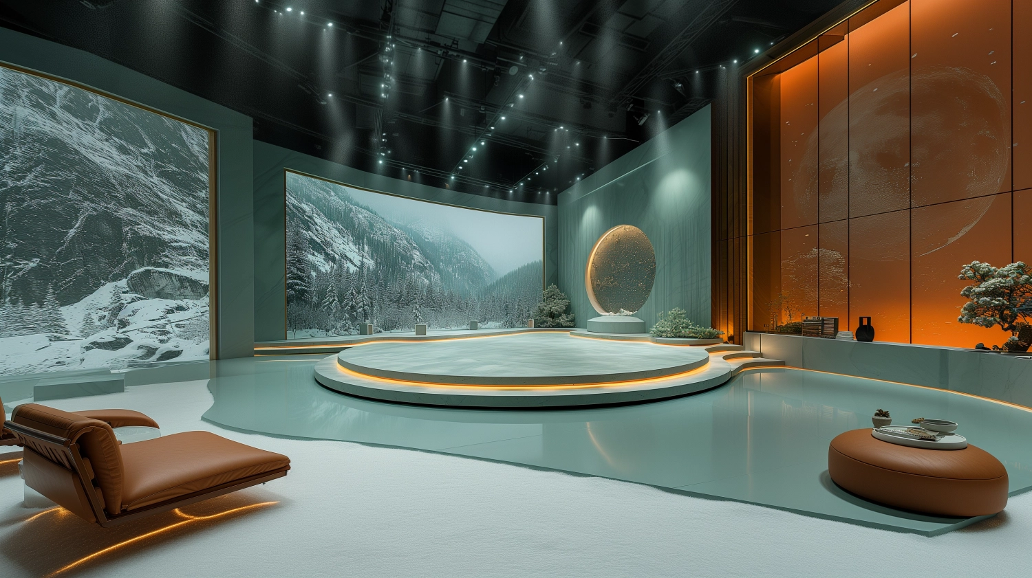 tv studio, weather forecast, light green and white, hi-tec, view from 150 cm high, shoulder level shot,