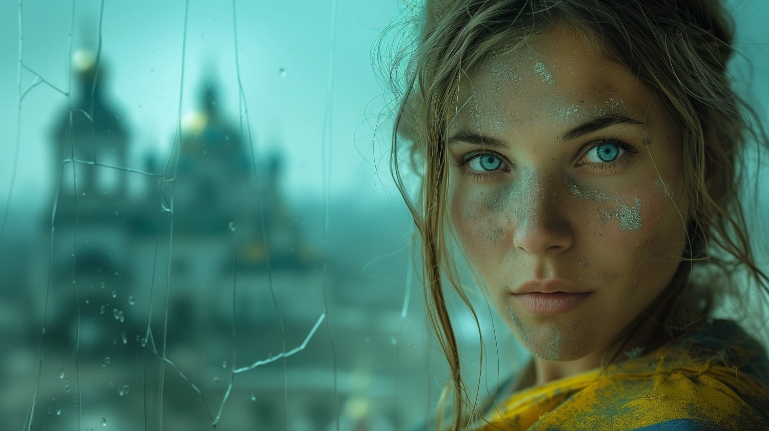 a closeup a female very saddened by war, wearing a Ukraineian flag as a dress standing against a world war 2 gastapo headquarters. , hyper realistic photography a double exposure featuring the ukrainian flag softly in the backgqound raw-L3TuPV9TpYA76KLb0n3UJ