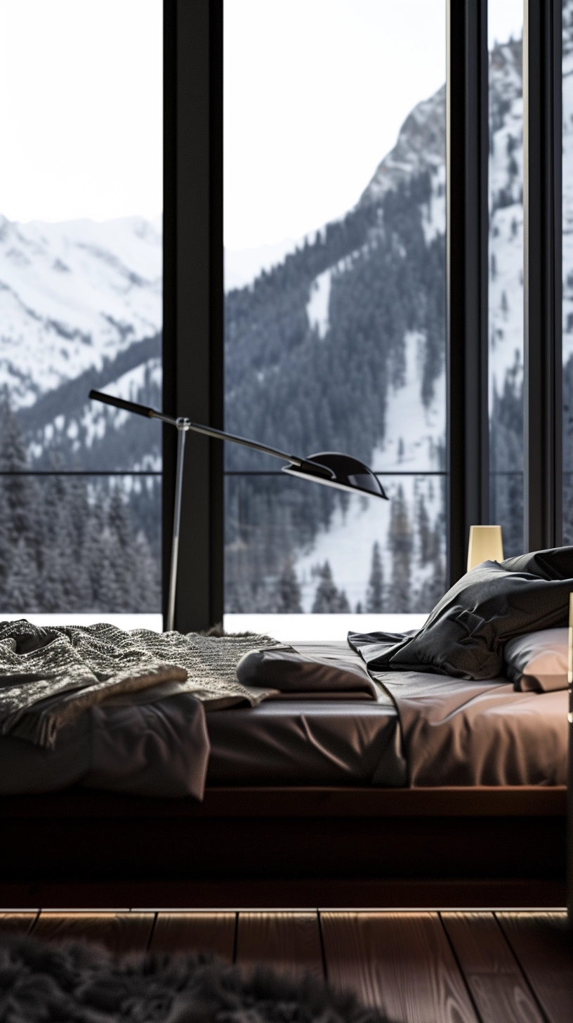 a hyper-realistic high-quality photo of a master bedroom, natural bedroom lighting with soft daylight streaming through large windows, photo shot with Canon EOS 5D Mark IV with Canon EF 50mm f/1.2L USM, Settings: f/2.0, ISO 200, master bedroom with a masculine interior design, Compose the shot to include a beautiful mountain view outside of the bedroom,