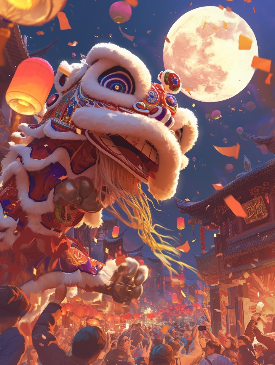 On the night of the bustling Lantern Festival, the bright full moon hangs high, the sky is dotted with colorful lanterns, the huge red lanterns are eye-catching, the lion dance team is the core, and two colorful lions jump cheerfully, vigorous and powerful movements, imitating various looks of lions, surrounded by onlookers, oil painting style Natural light effect, bright moonlight and warm lantern light illuminate the whole scene, red and yellow are the main colors, showing lively and festive, positive perspective shows details, high-quality rendering, 32K UHD