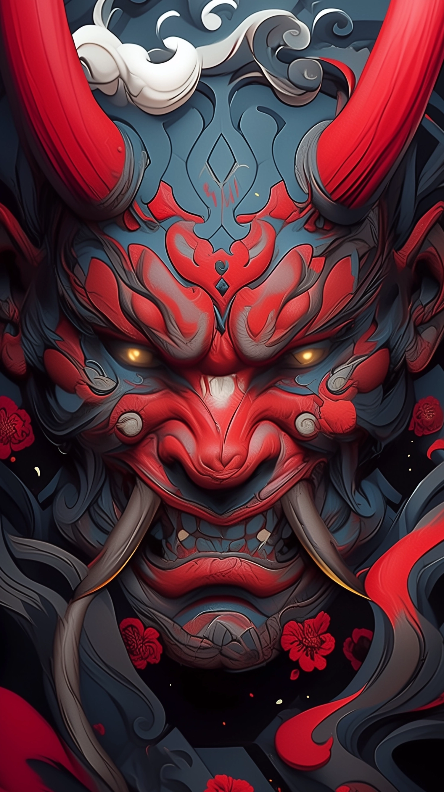 Japanese oni demon mask, red and dark blue, symmetrical, realistic, dynamic, close up, realistic rendering