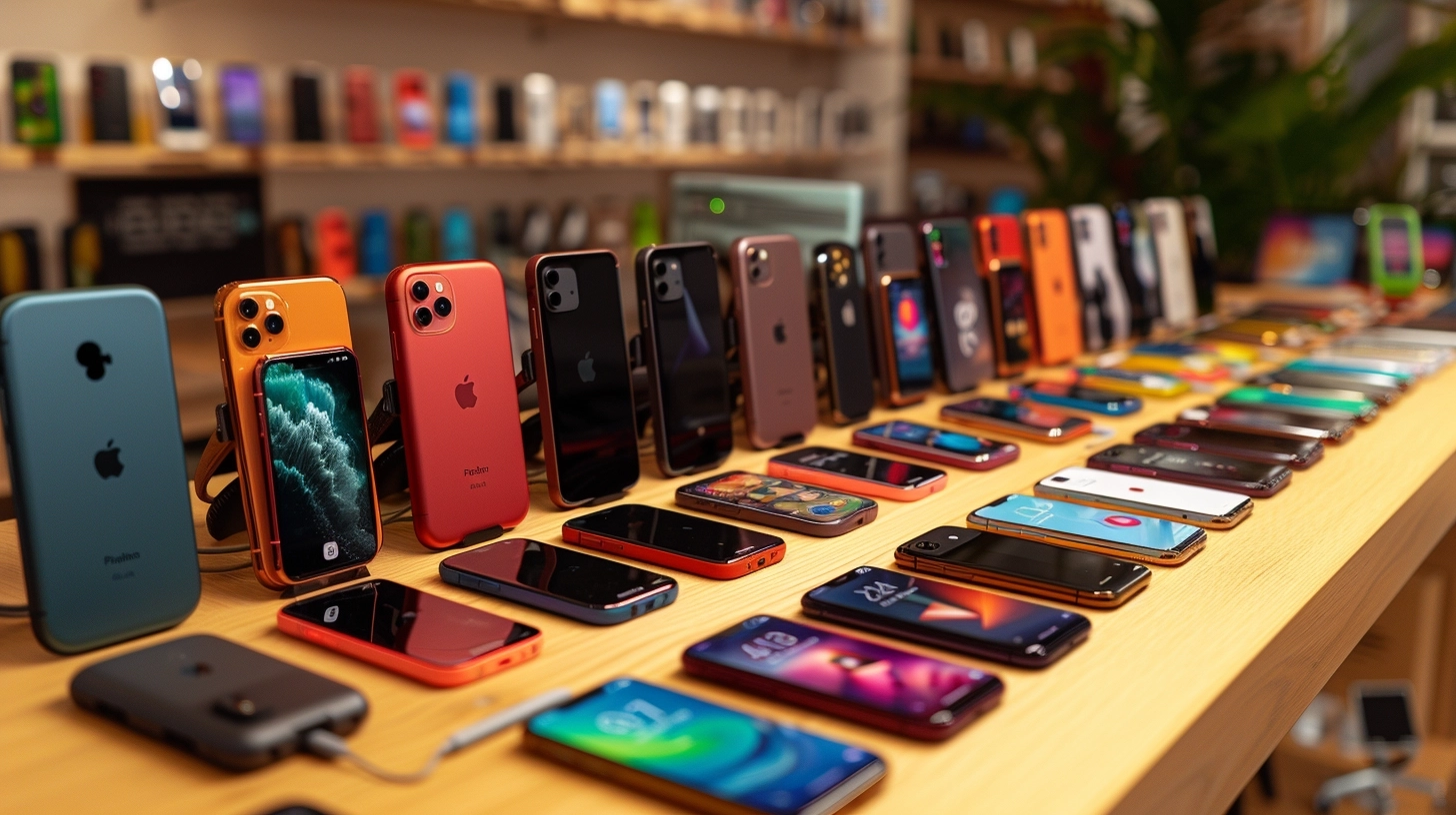 Color photo of new computers and phones, taken by a leica m10-r, moderate DoF, dutch angle,