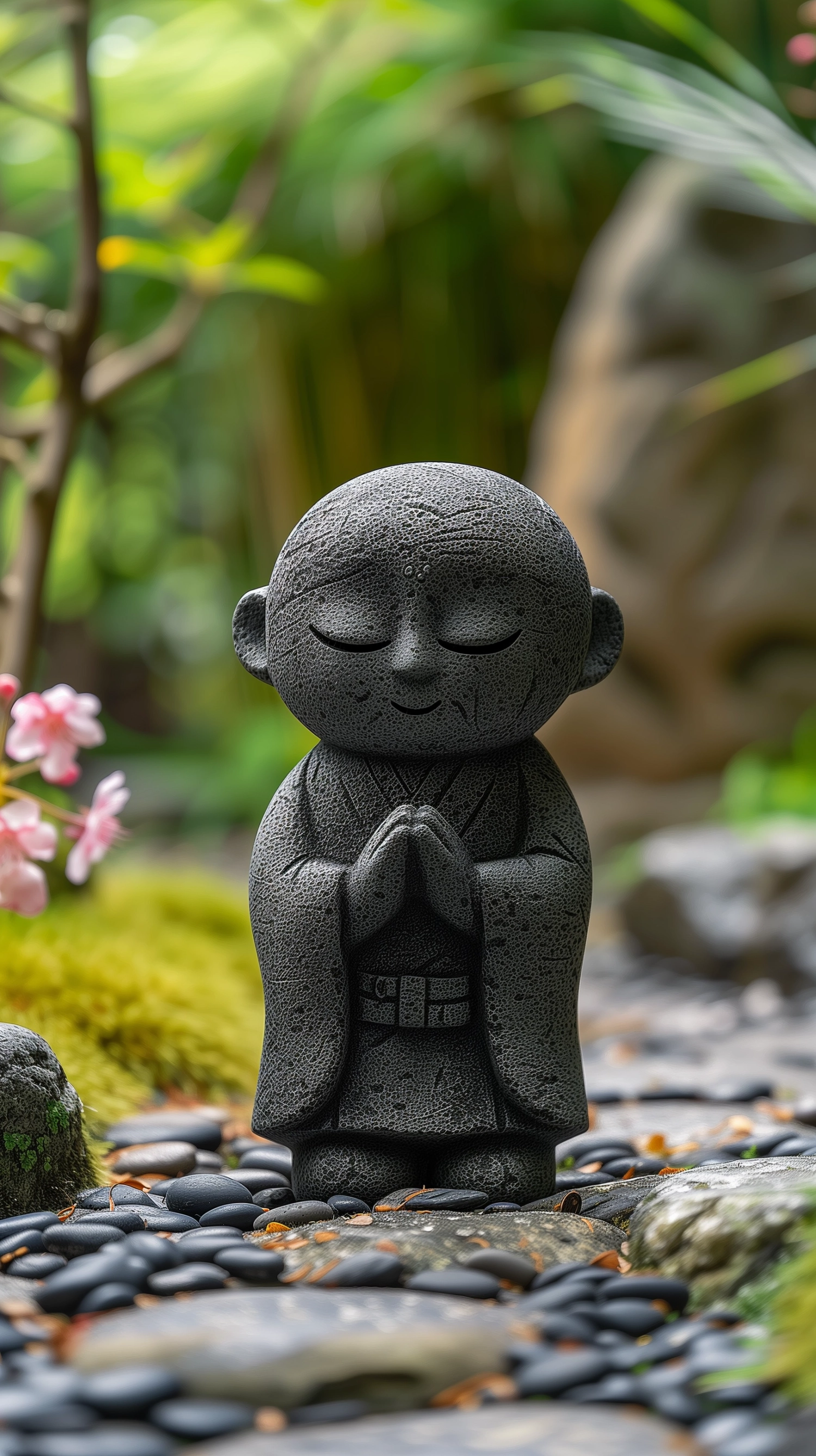 Create an image of a traditional Japanese Jizo statue, commonly found in temples and roadside shrines throughout Japan. The statue should have a serene and compassionate expression, indicative of its role as a protector of travelers and children. It is wearing a simple monk's robe, embodying humility and benevolence. The Jizo statue is crafted from stone, showcasing intricate craftsmanship, with a slightly weathered texture to indicate its age and the reverence it has garnered over time. Surround the statue with small offerings and pebbles, a sign of respect and prayer from visitors. The background should feature a lush Japanese garden, complete with bamboo, cherry blossoms in full bloom, and a meticulously maintained stone path leading up to the Jizo