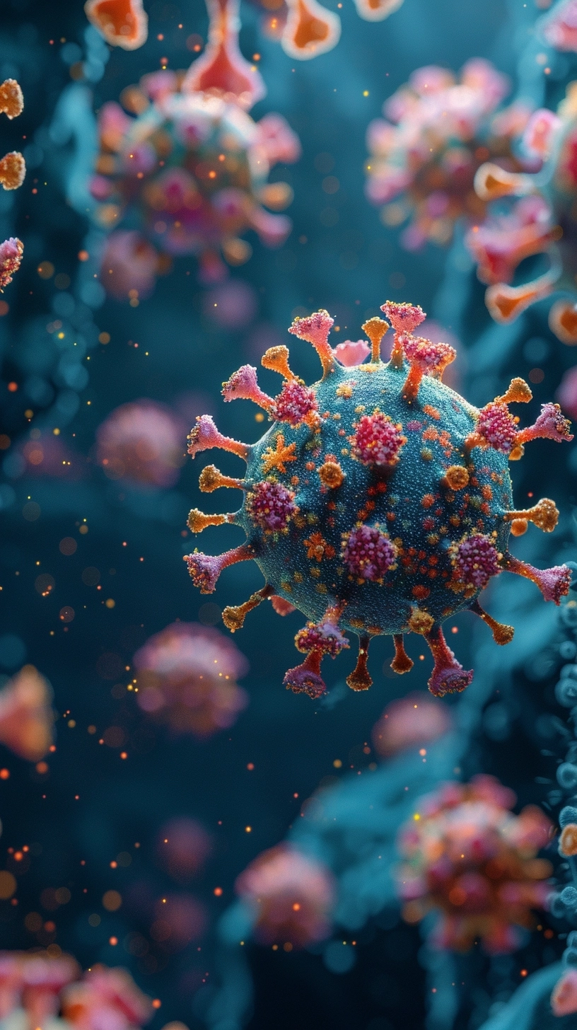 Close up Many dense of virus in cells wall, scene inside of cells wall,HDR, HD, Photo Realistic,Exta Detail, Colourful