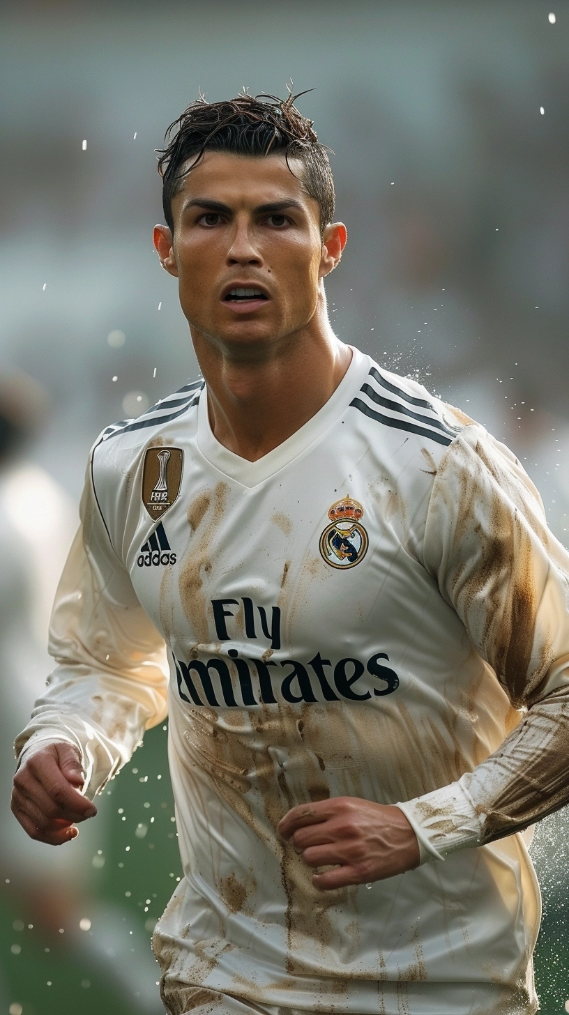 Real photo close up of Cristiano Ronaldo playing football 8k (don't make mistakes in details or proportions)