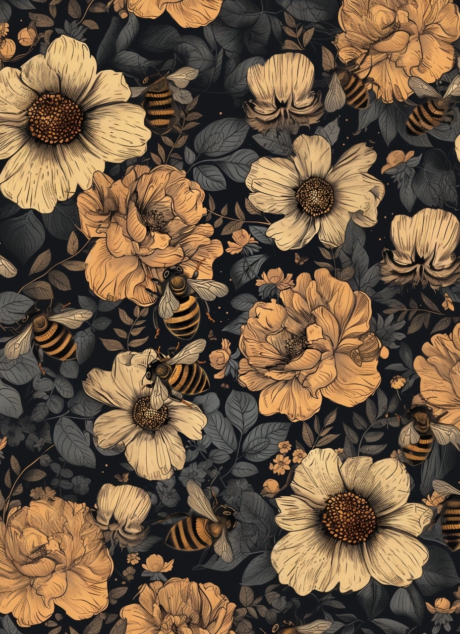 retro wallpaper. Bees. Vintage. Hand drawn. Manga. Floral.