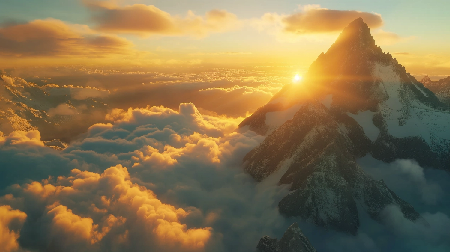 The turbulent sea of clouds surrounds the majestic snow-capped mountain peaks and the golden mountains illuminated by the sun, creating a majestic atmosphere, fantasy, and movie style.32k uhd, high quality photo, atmospheric, shocking
