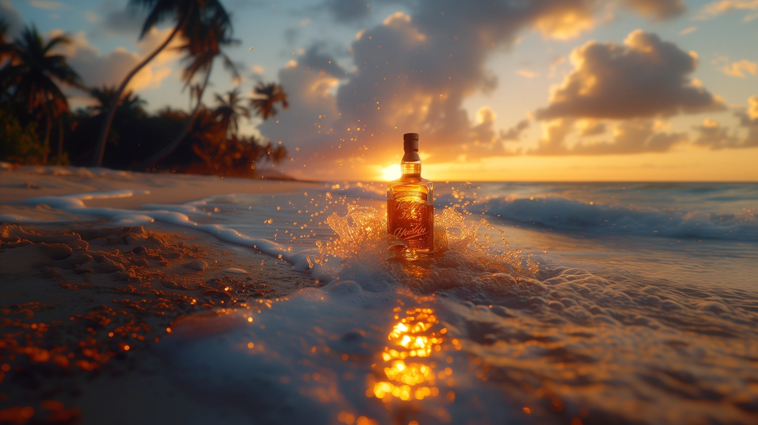 a bottle of whiskey on the sand of seaside, waves hitting the bottle, cinematic, dramatic, Canon EOS 5D