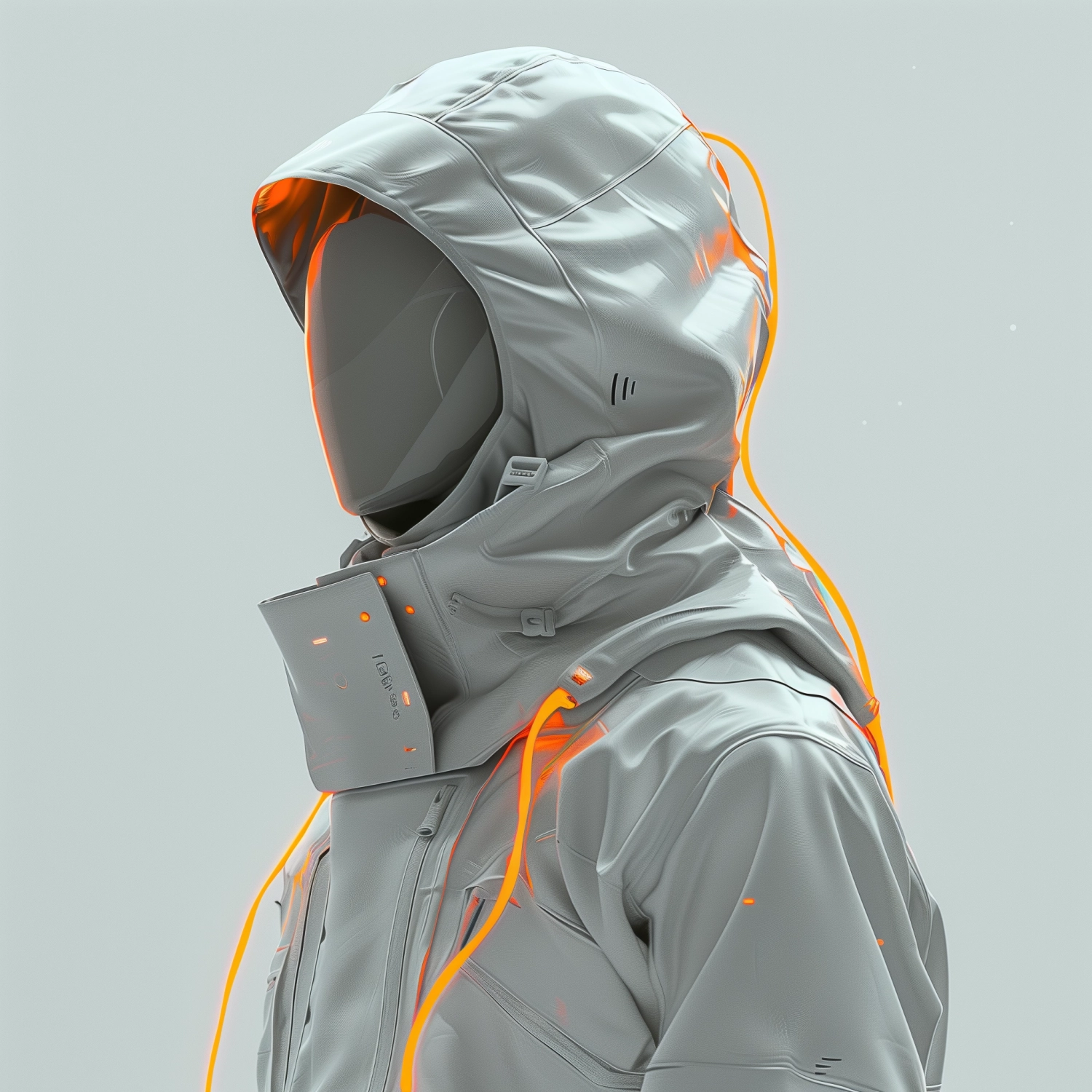 futuristic profile picture, turned away, no face, minimalistic off white rain jacket, orange accents, shadows, white male, side angle, white background, render, realism, 3d