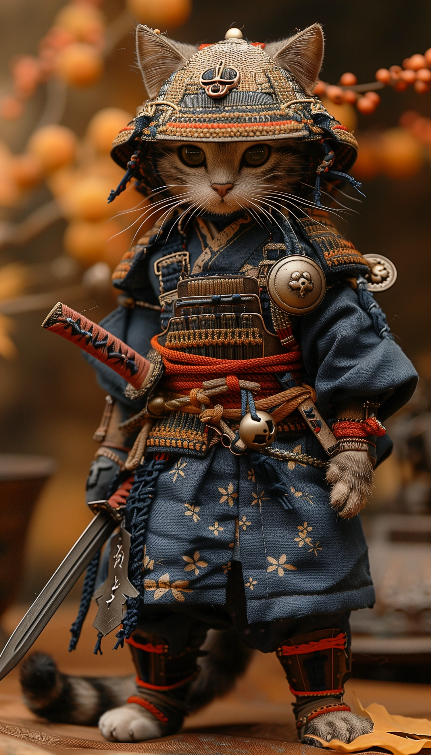 Photos taken by professional photographers. Anthropomorphic, slightly fat and cute cat, wearing Japanese samurai armor from the Warring States period, holding a katana sword in his hand, various Japanese scenes, various samurai waving movements, two cute armored samurai cats fighting, the background is Japanese style , real shot,