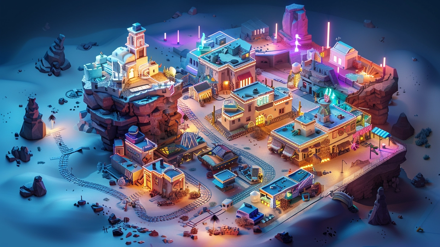 night of outlaw grafitty city, desert of the neon, metaverse, Sprey Asset style in a low poly model, isometric, tilt-shift, 16bit pixel art 16, trendy IP by pop mart, IP mockup,blind box toy,fine luster,white background,3D render,oc render,4K,best quality, ultra-detailed