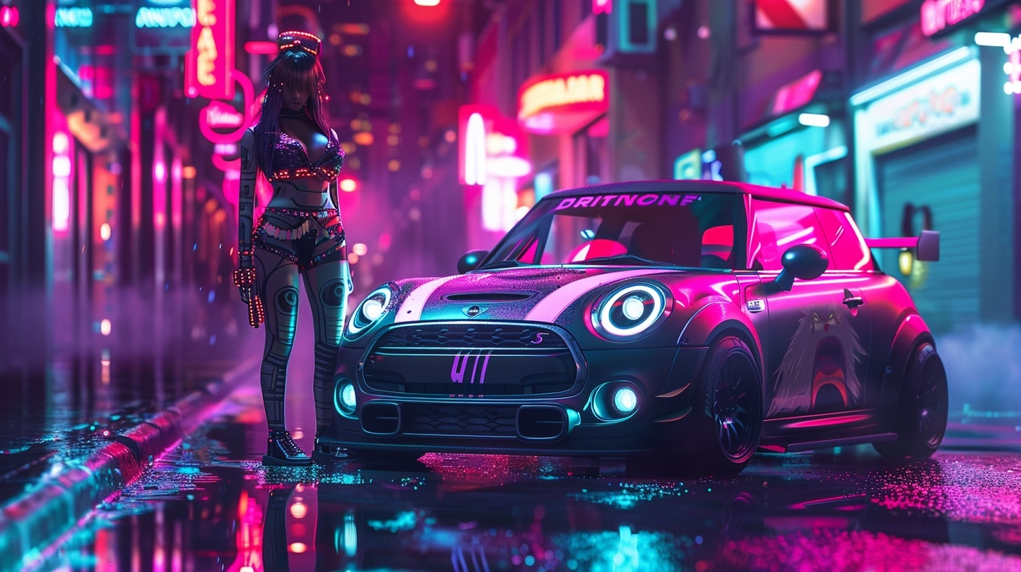 a full body photo of a pretty cyberpunk street racer girl standing next to her futuristic mini cooper street race car, multi colored racing graphics, inspired by Brandon Woelfel, futuristic design, wide angle, 32k,