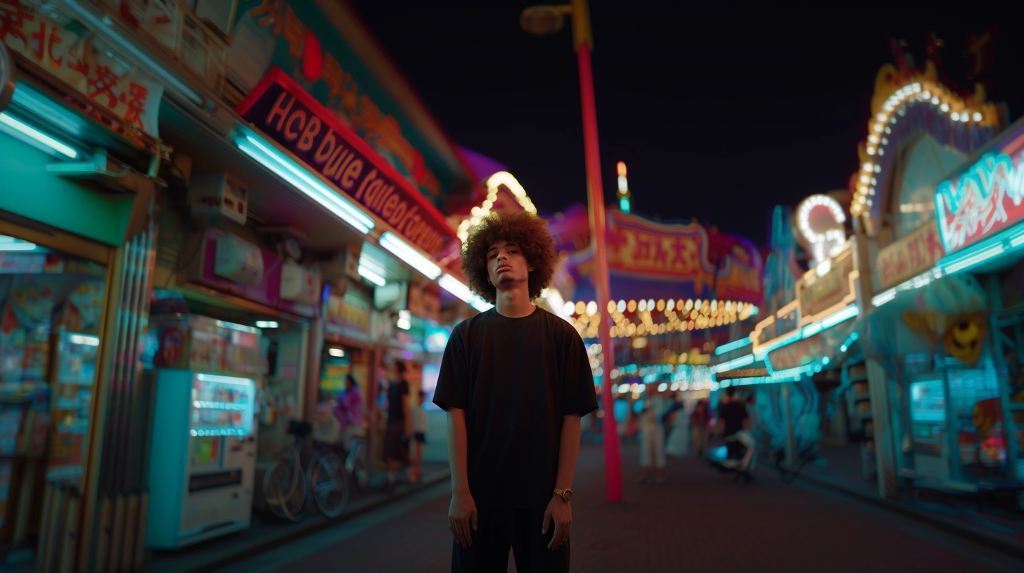 Magazine Photography,2 brown man with natural Afro hair, wearing a large blank black t-shirt, wears levis 501 Straight , a pair of white sneakers. Style haute couture, captured by Hasselblad X1D, Kodak Ektachrome E100, shot in luna park in tokyo by night