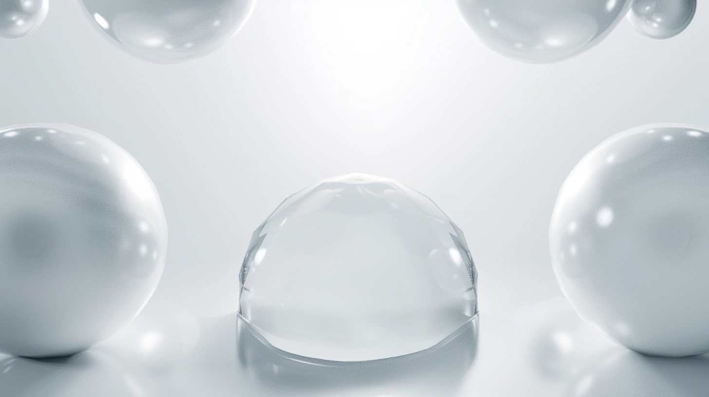 There is a larger white sphere at the bottom of the picture, with a plastic texture and elasticity., surrounded by spheres of the same texture., surrounded by spheres with the same texture floating around, geometric, White background