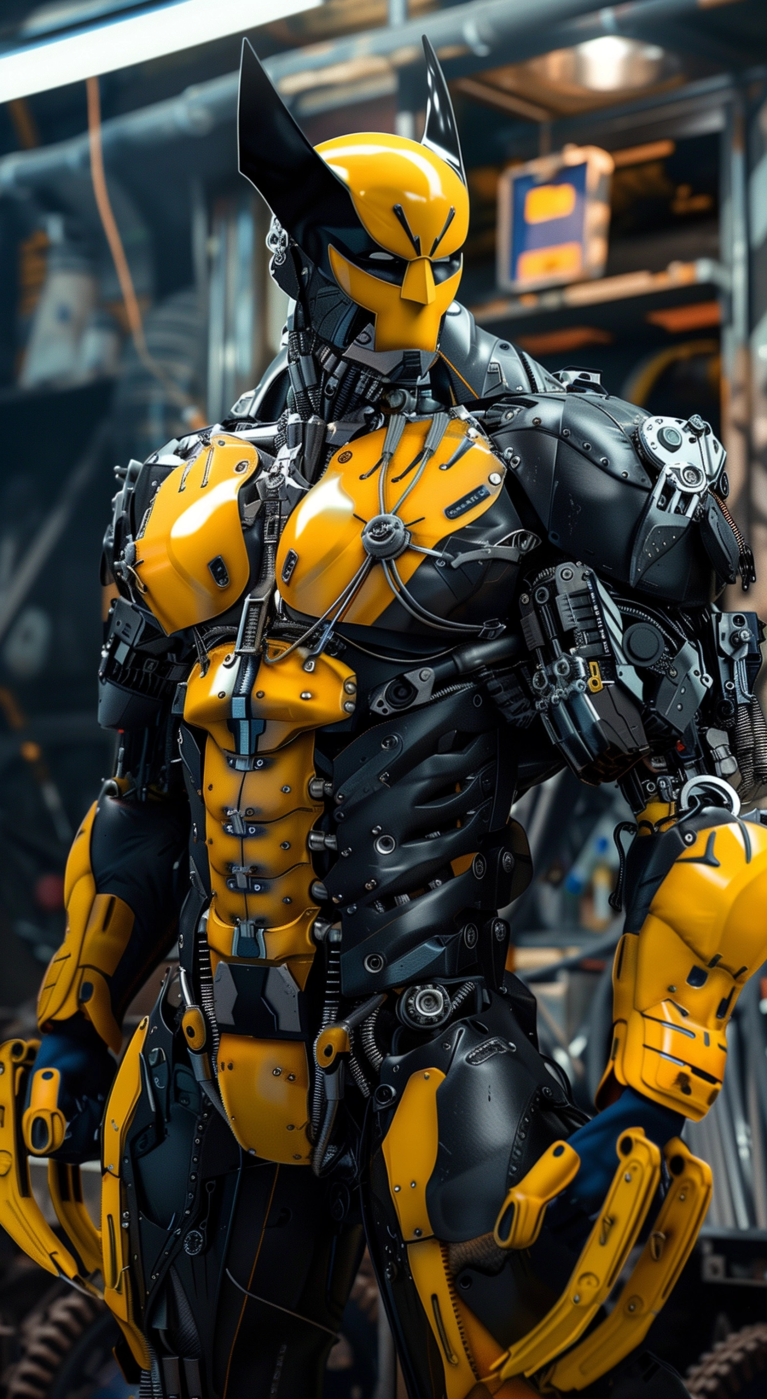 large Robot in the style of Wolverine from Marvel, yellow mask, black, advanced mechanics, cybernetic, yellow gloves, 8k UHD, intricate details, mechanic workshop, full body