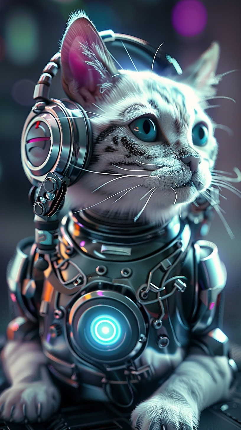 3D render, cyberpunk, futuristic, cat in the center, robot suit and headphones, City night scene, blue and purple color, metal texture, neon lights, white cat with blue eyes, detailed, intricate