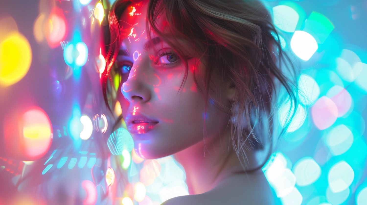 Close-up over the shoulder shot beautiful mixed eclectic woman made of glass vivid quirky high fashion portrait by a wall of digital glowbow art in beautiful selective complementary color