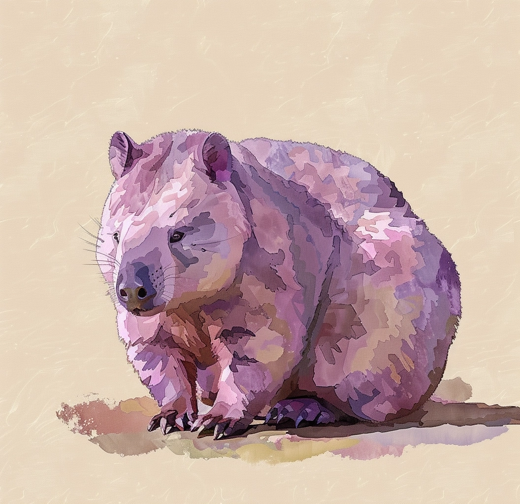 image Queensland woolly snout wombat whole body in the style of flat shading, beige, hard-edge painting, kintsukuroi, light purple and light beige, graffiti-inspired animals