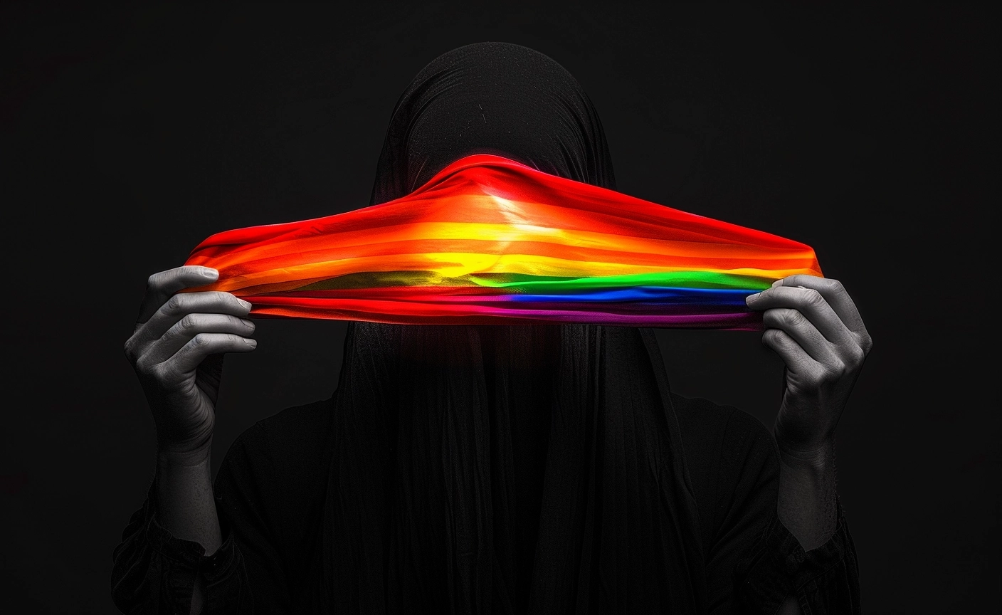 person holding rainbow colored flag with fingers, in the style of black background, intertwining materials, use of fabric, emotionally charged scenes, strong chiaroscuro, sana takeda, noell oszvald