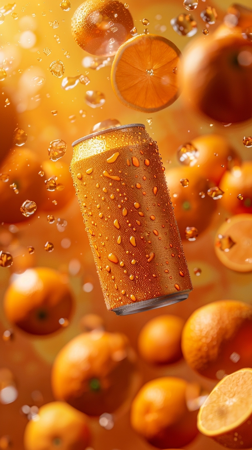 Orange plain soft-drink can 330ml Floating, tilted up slightly, facing camera, crispy fresh oranges in the air scattered too, all hovering in an abstract vibrant space, thee of Juicy orange colour, vibrant Orange, liquid, thirsty, tropical vibes, bright contrasting light, stunning hues, wet, beads of condensation, motion, explosive, dynamic, freeze motion, wet, stunning dynamic product shot lighting, moody dramatic, product imagery, 50mm lens, dof background, immaculate, exciting. hyper realistic, canon 1dx camera,