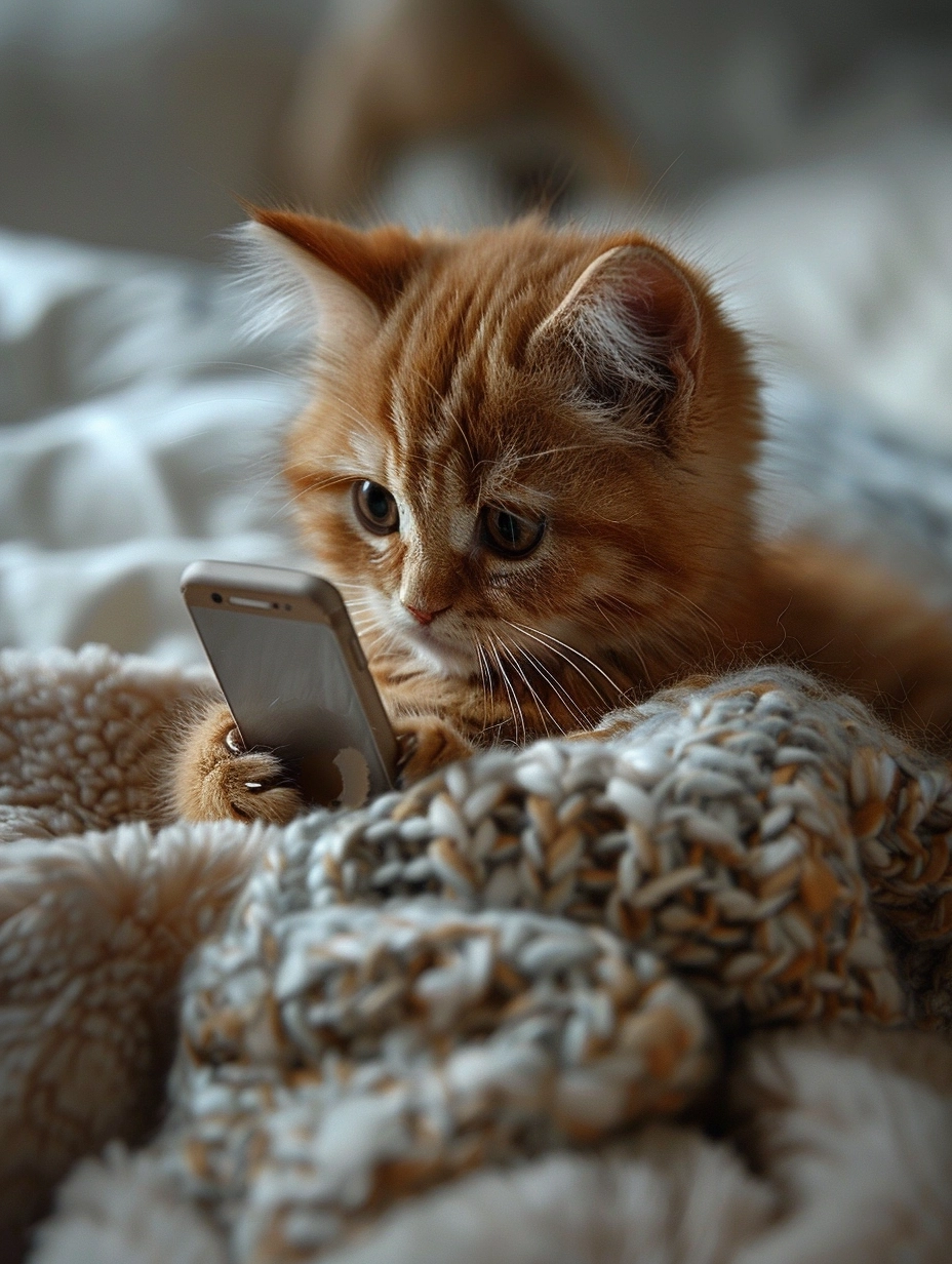 Photos of the cute and lovely smallest cat are playing smartphonein the bed,to work,in the style of lifelike figures, happenings, detailed crowd scenes, nikon d850, lifelike renderings, candid moments captured. sharp focus, HD, 8K,