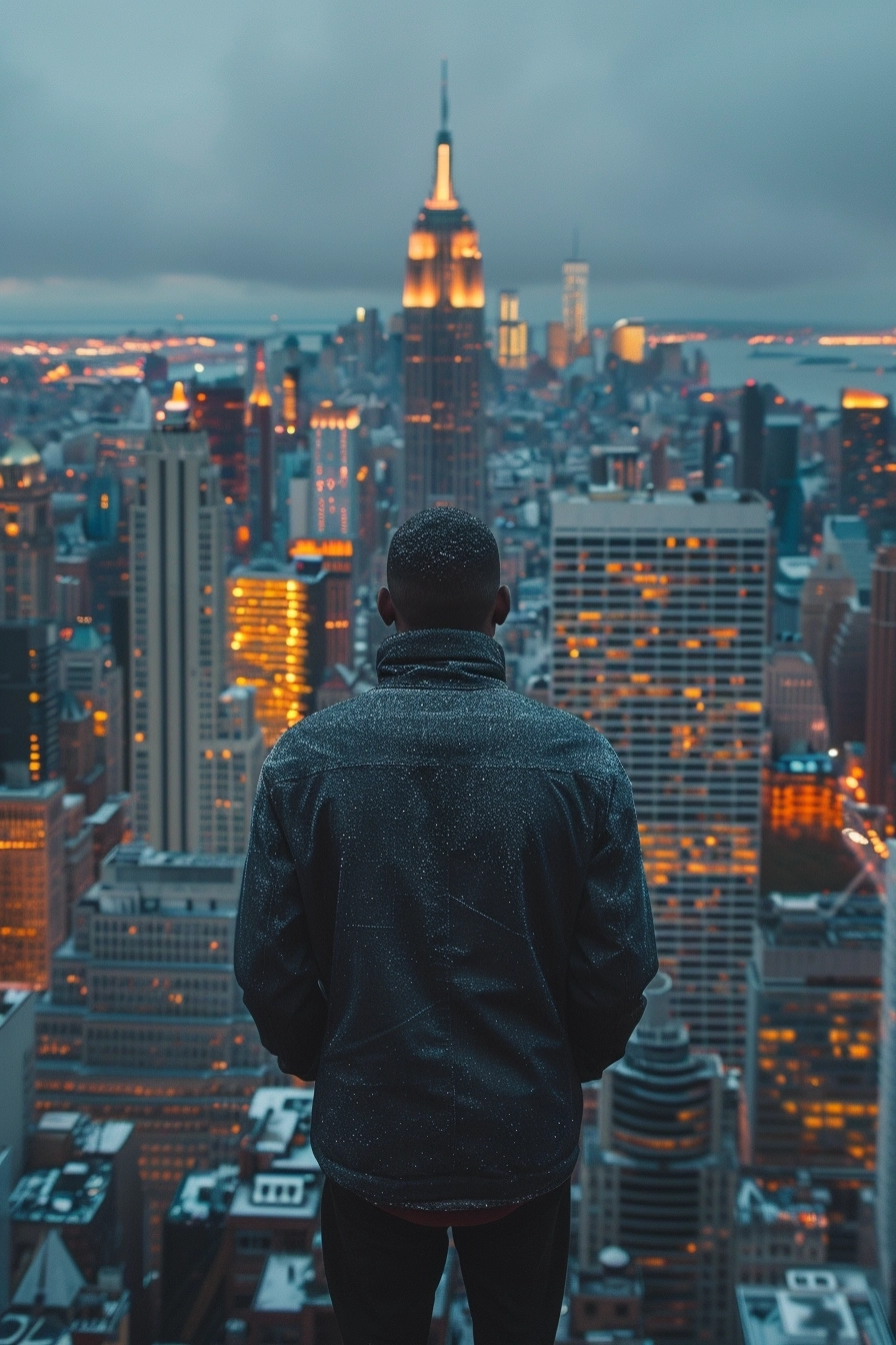 man standing with back turned in the foreground, city buildings in the background,