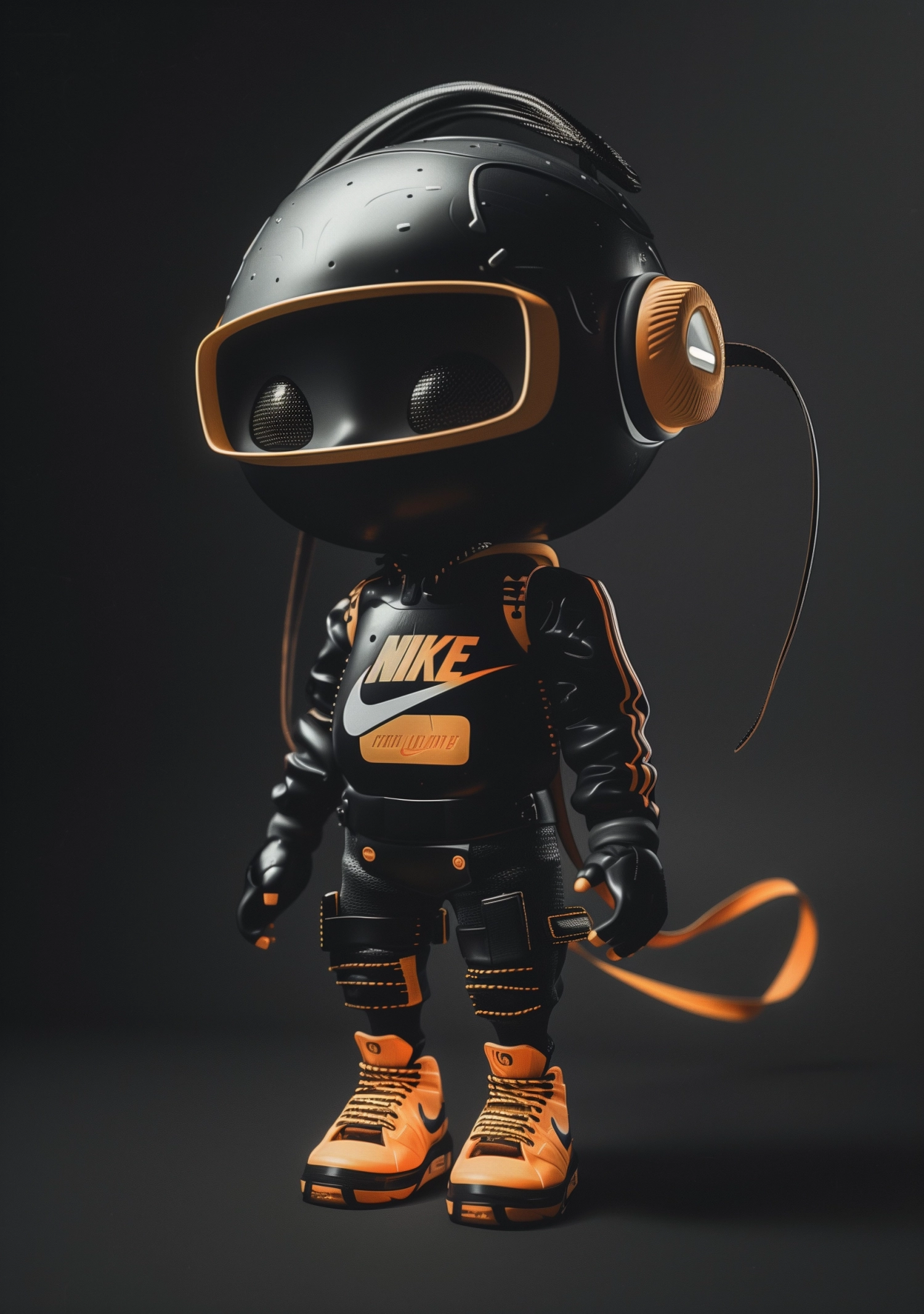 black and orange modeled polaroid print & plastic, the illustration shows a quirky character with Nike Brand style dressed in an Nike walking around, in the style of adorable toy sculptures, rendered in cinema4d, strong facial expression, pop-culture-infused. Black background.