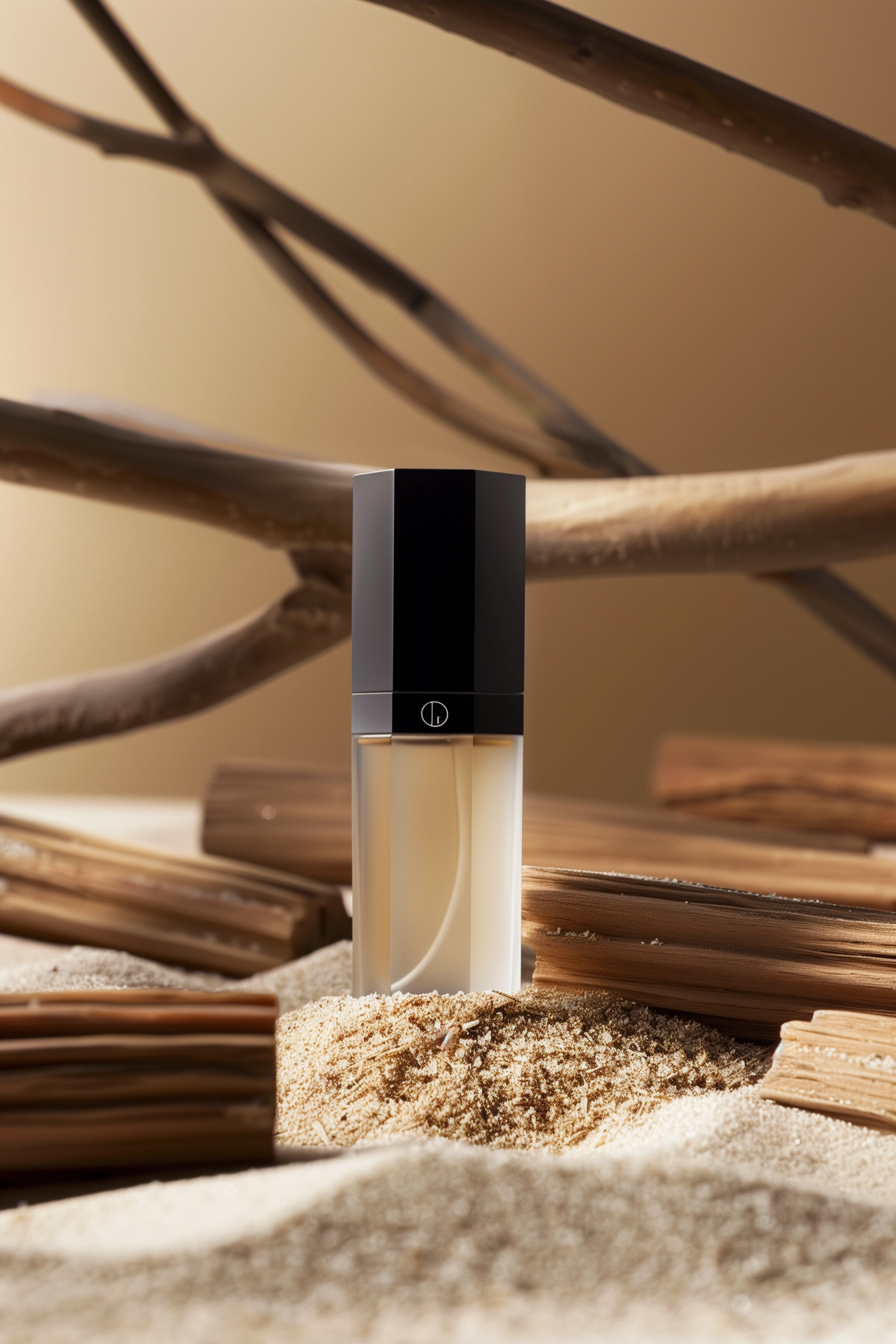Luxury product packshot for chanel, with dry Wood as base and sands, from front, mat and empty background, no product in the picture, minimalist