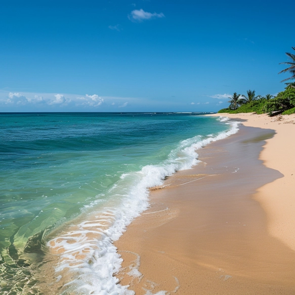 Create an idyllic image that captures the essence of a paradisiacal beach on a bright, sunny day. The scene is centered around a pristine white sand beach that stretches invitingly, its fine, powdery texture glistening under the sun. The ocean water is a clear, inviting shade of turquoise, transparent near the shore and deepening in color as it merges with the horizon. The sunlight enhances the vibrancy of the water, creating sparkling reflections that dance on the surface. The beach is framed by a lush, tropical landscape, with palm trees swaying gently in the breeze, providing occasional patches of shade. The sky is a brilliant blue, with only a few wispy clouds, accentuating the feeling of a perfect, unspoiled day in paradise